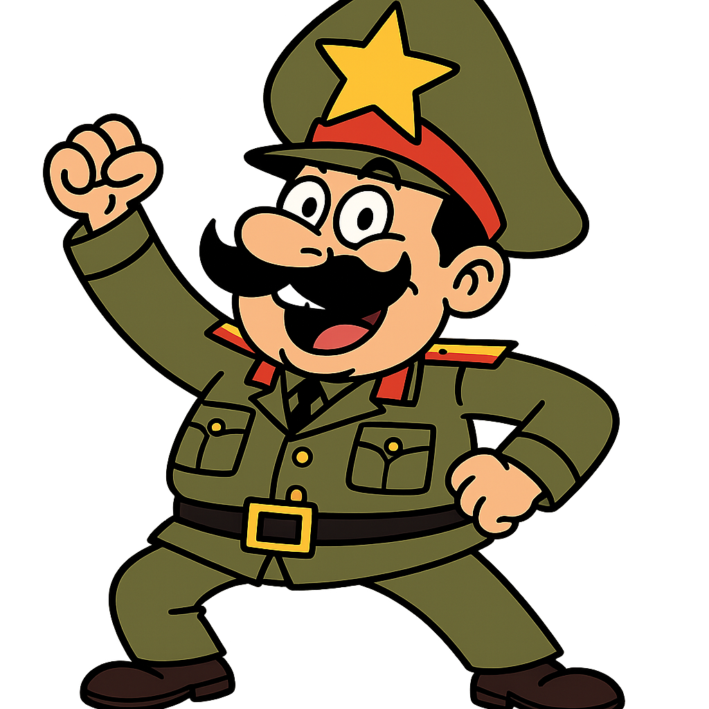 “Goofy cartoon Vietnamese colonel, oversized uniform, huge star hat, silly heroic pose, funny mustache, expressive eyes, vibrant colors, PNG transparent background, simple bold outlines, perfect for memes, humorous and light-hearted.”