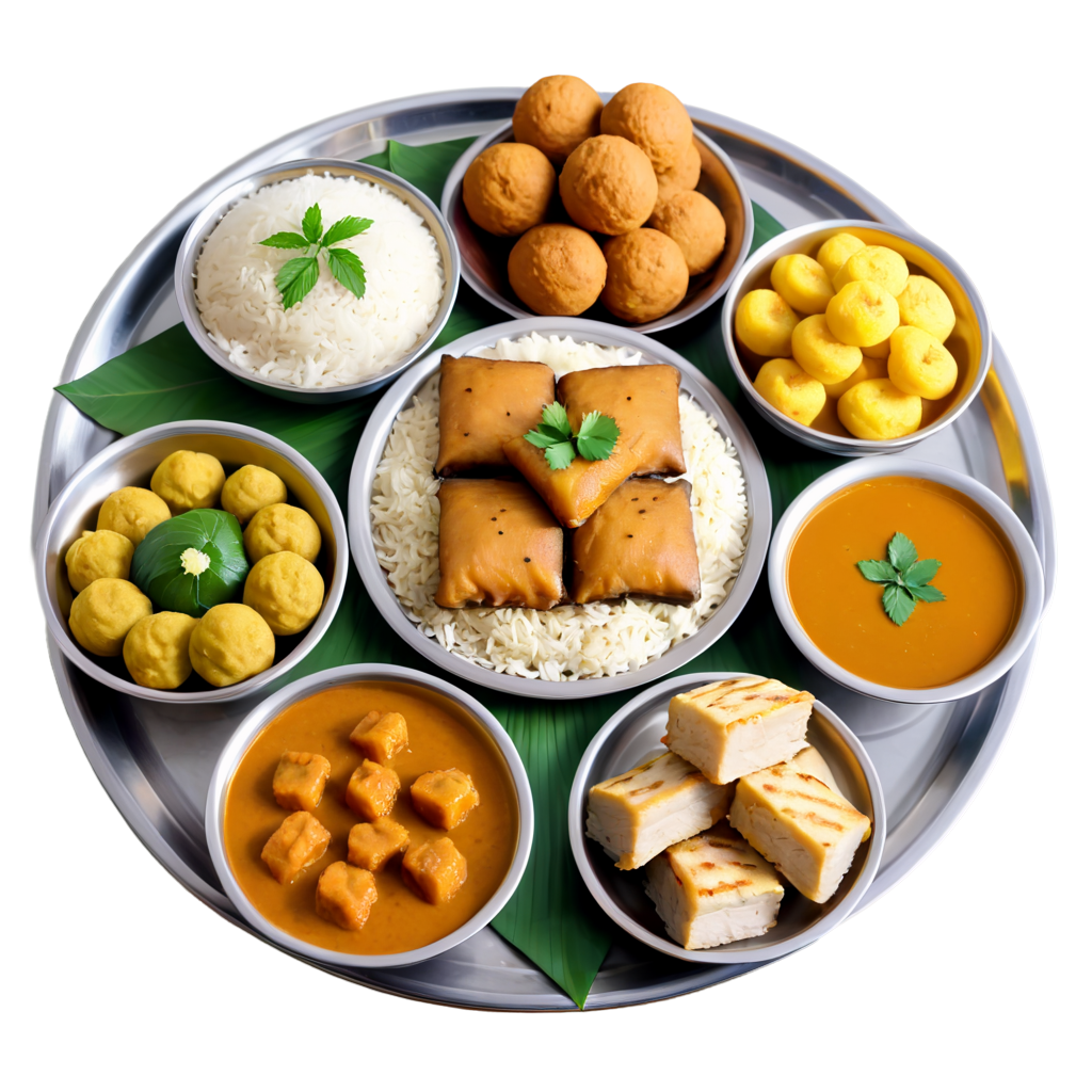 Illustrate a traditional Baisakhi meal, dishe like panta bhat (soaked rice), ilish mach (Hilsa fish), and various sweets. . detailed, highly sharp, clear, clean line, artistic, eye catching, very attractive, 128k extremely realistic,  uhd.