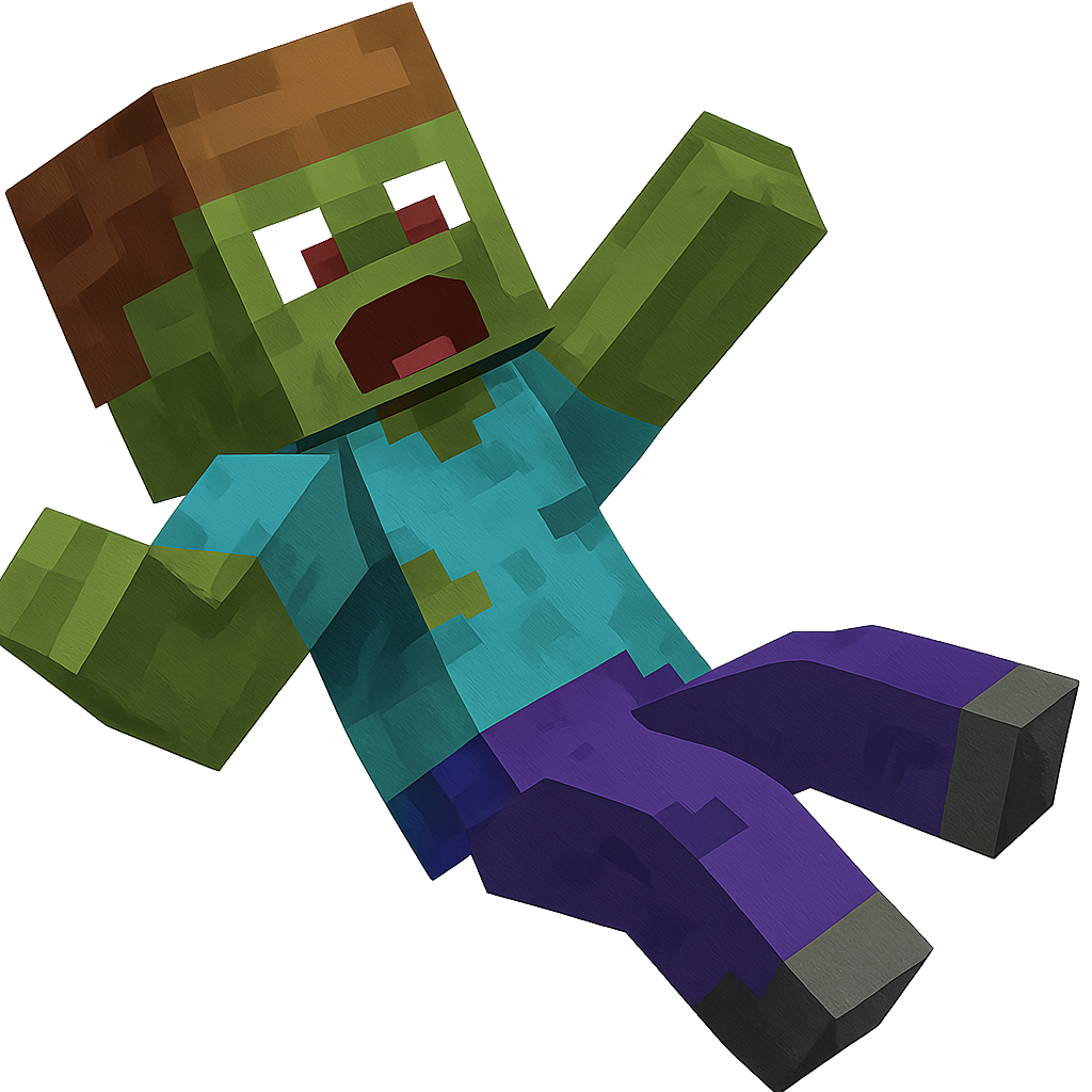 A Minecraft-style zombie villager, blocky and pixelated, shown from a side view. The zombie villager is mid-fall backwards with arms flailing and one leg bent, wearing tattered clothes and a surprised expression. The art should be sharp and clean — no motion blur and no shadow — and match Minecraft’s blocky texture style. Use a transparent or white background with bright, even lighting. no fingers