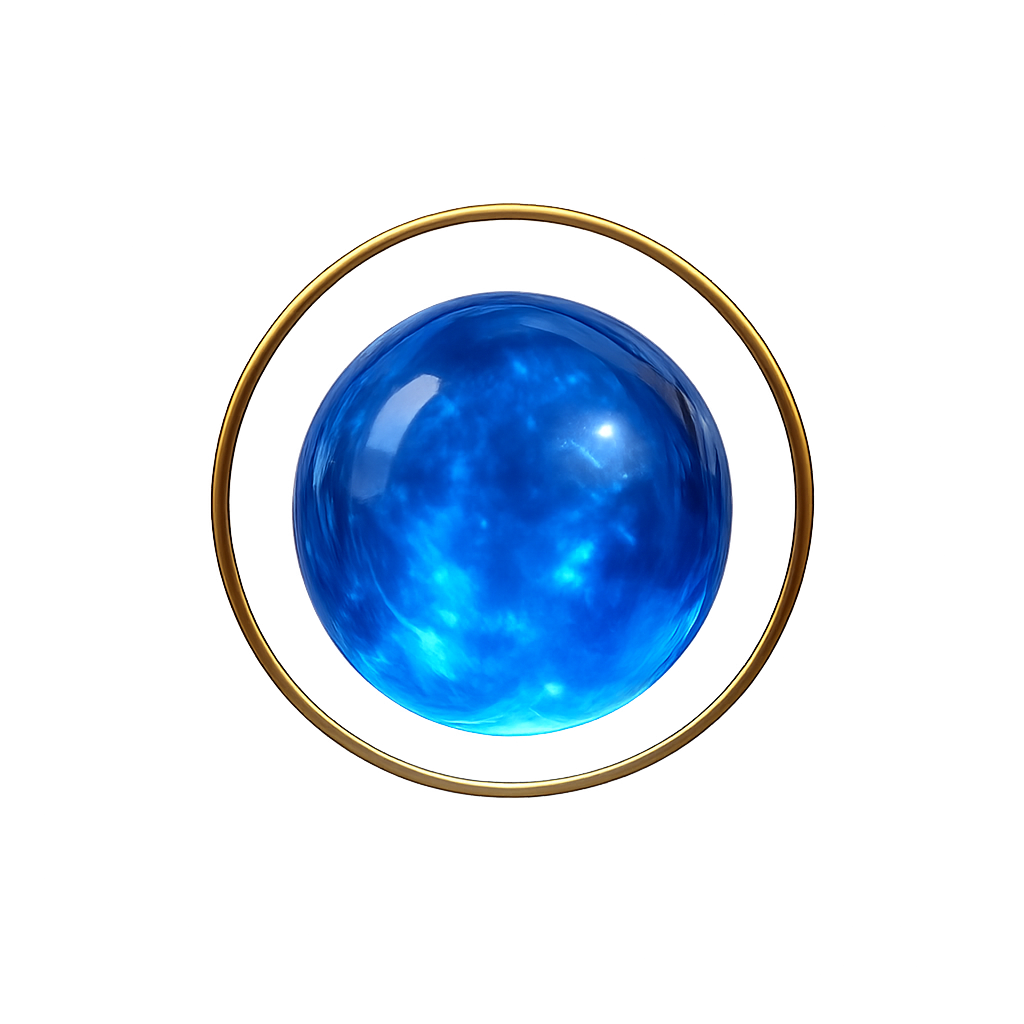 Small glowing crystal orb with golden halo, ultra-luxury, photorealistic, sapphire neon glow, centered, transparent background