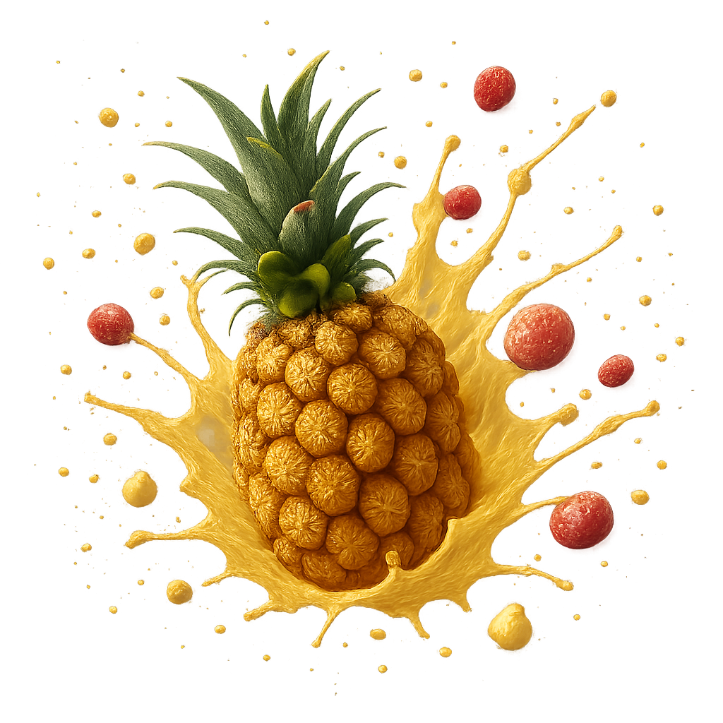 generate splash png images for pineapple and lychee with more splash and tiny fruits everywhere