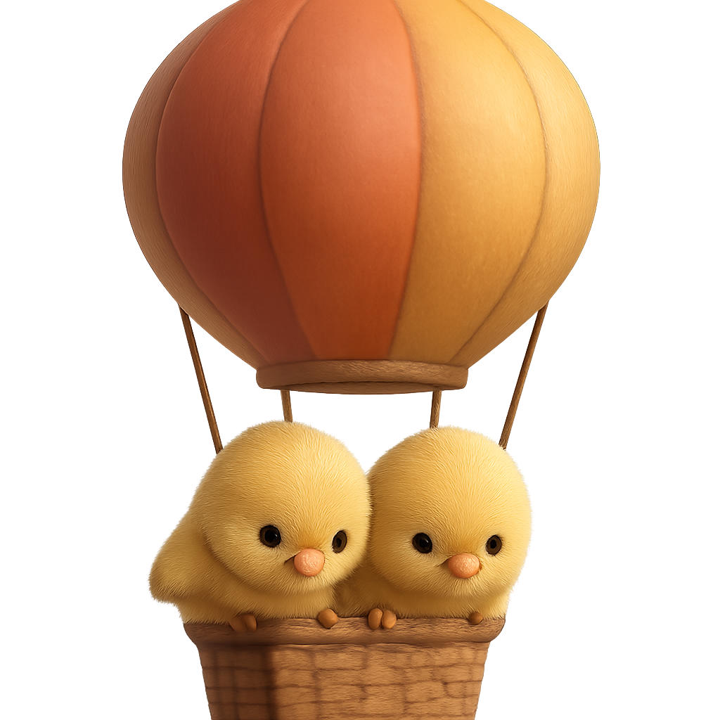 On a transparent background Realistic and animated style Two small 3D chicks, realistic and animated They are in a hot air balloon and looking down They are cute
