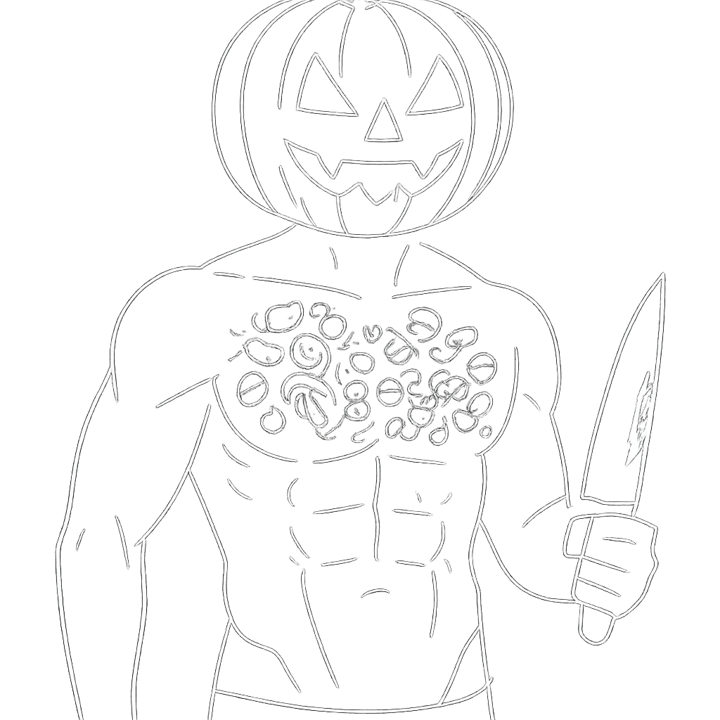 a white outline of a man with a pumpkin on the head, bare chest, abs, v-line, chest covered in halloween candies, bloody knife in hand, transparents background