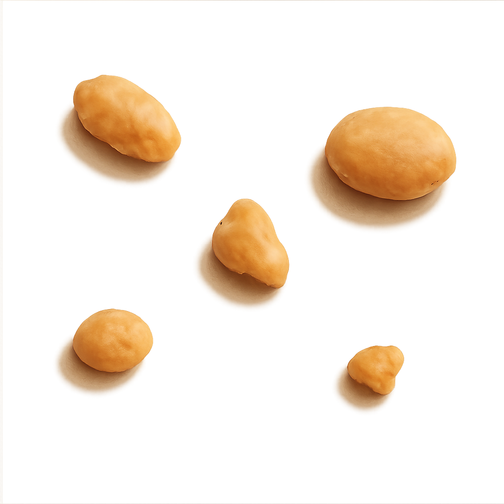 tiny scattered peanut crumbs (exactly 5 crumbs), each crumb a different size and shape, placed at different distances from each other to look naturally fallen and not arranged, soft natural roasted peanut tones, organic irregular shapes (not uniform), subtle highlights, gentle matte texture, soft warm studio lighting from above, realistic depth, slight shadow underneath each crumb to appear as if resting on a flat surface, crisp clean edges, no background, transparent PNG, high-quality food photography style, warm and cozy mood, elegant and minimal composition, artisanal handcrafted feel