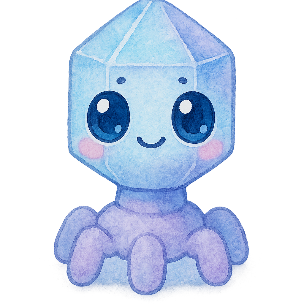 rich vibrant watercolor illustration, kawaii microbiology character, chubby bacteriophage with a rounded crystal-shaped head and short soft legs, soft pastel microbiology palette (main colors glacier blue and lilac with gentle periwinkle accent only, not full rainbow), large shiny oval eyes with deep black pupils and big pale blue + pale pink reflective highlights (non-white so they remain visible on transparent PNG), tiny dot eyebrows, small simple smiling mouth, rosy cheeks, soft diffuse watercolor edges, no text, no border, extra canvas padding around character, transparent background