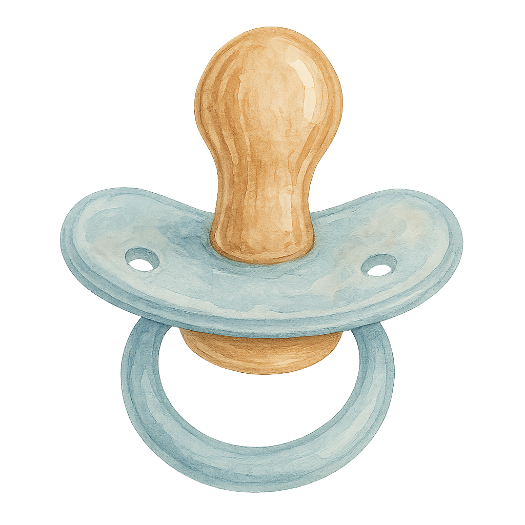 watercolor vintage baby pacifier, soft pastel blue beige and brown palette, gentle wooden and silicone texture, hand-painted illustration, cozy warm tones, transparent background, cute baby shower theme, high quality