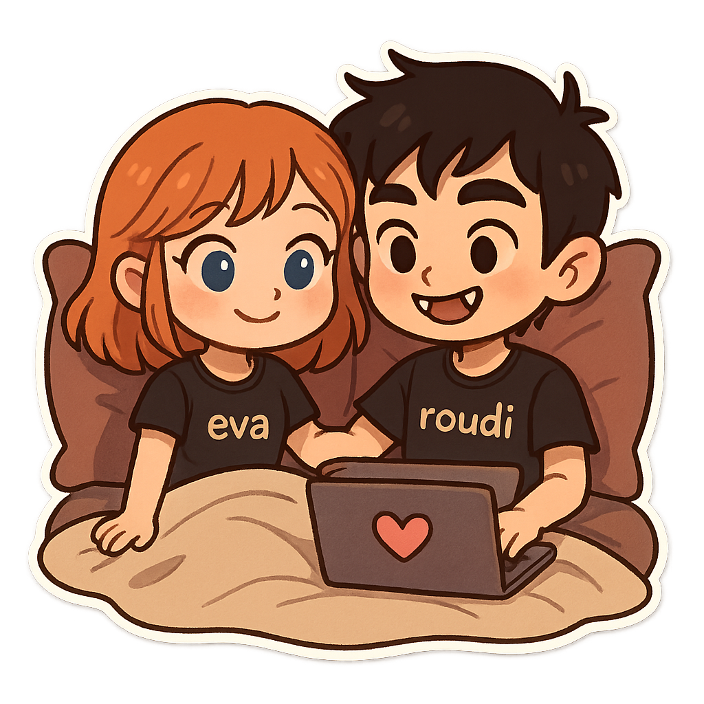 Cute cartoon couple, girl with orange hair and blue eyes wearing sweet black pijama of summer with "eva",  Beautiful boy with black hair and brown eyes vampire teeth wearing cute black pijama with "roudi", watching a film of love on Laptop in sweet bed at night, sweet couple sticker style, transparent background, 512x512