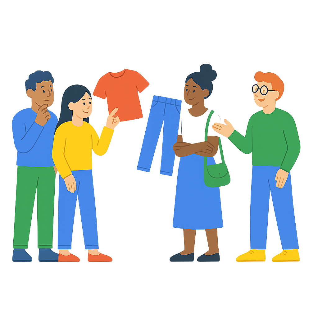 reference google.com website style illustration style with a clean, transparent background and characters in different poses. Based on  my request for a similar illustration where characters are looking at clothes they want to buy,