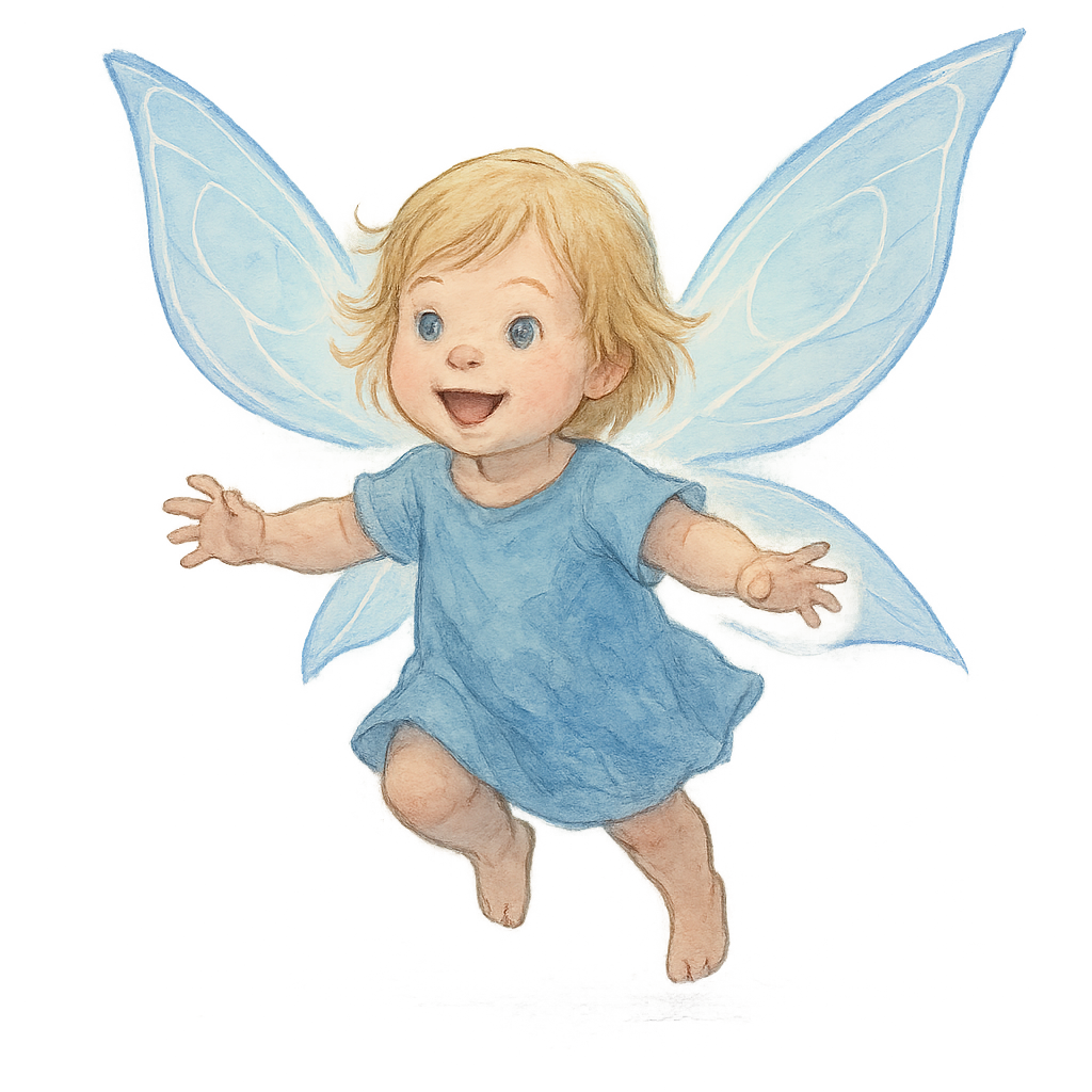 A 2-year-old child with medium-length blonde hair and blue eyes, wearing a simple flowing blue outfit, with large glowing transparent fairy wings inspired by the heroine from Child of Light. Flying over the ground with a gleeful expression. Illustrated in a dreamy watercolor style, soft brushstrokes, pastel blue and lavender tones, ethereal fantasy atmosphere, luminous backlight, delicate outlines, storybook art style, Ubisoft Montreal concept art style, transparent background.