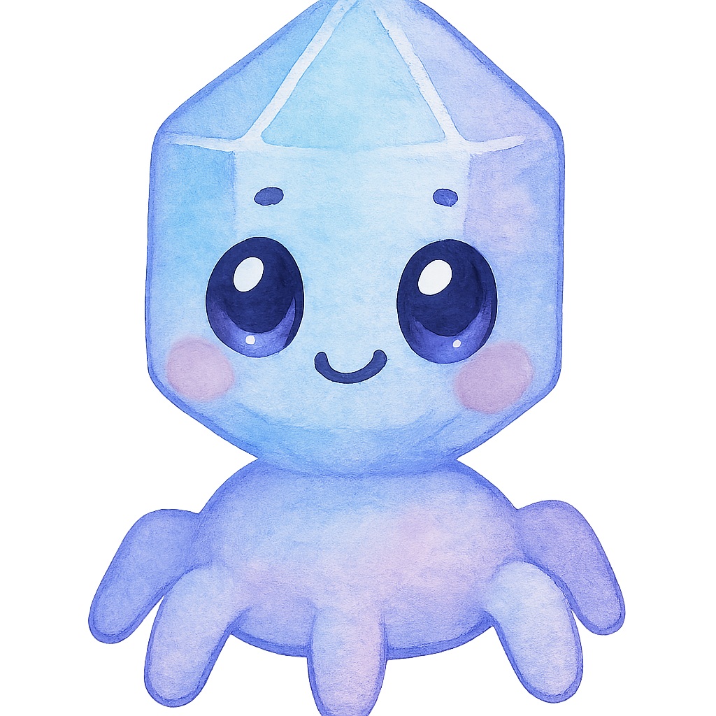 rich vibrant watercolor illustration, kawaii microbiology character, chubby bacteriophage with a rounded crystal-shaped head and short soft legs, soft pastel microbiology palette (main colors glacier blue and lilac with gentle periwinkle accent only, not full rainbow), large shiny oval eyes with deep black pupils and big pale blue + pale pink reflective highlights (non-white so they remain visible on transparent PNG), tiny dot eyebrows, small simple smiling mouth, rosy cheeks, soft diffuse watercolor edges, no text, no border, transparent background