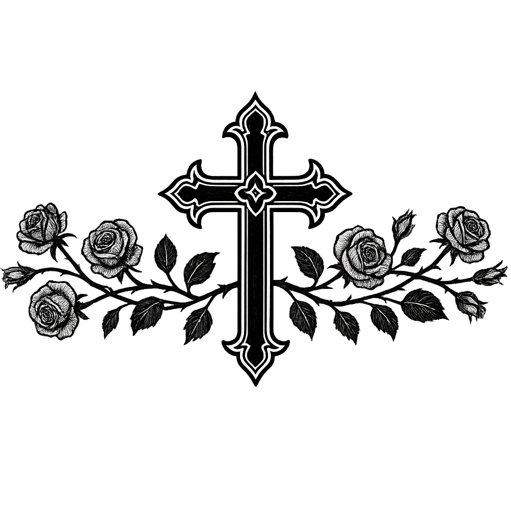 gothic cross and vein of roses page divider black ink wide