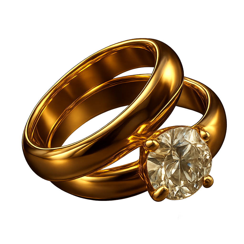 "two luxury intertwined wedding rings, 24k polished gold, flawless diamond reflections, cinematic rim light, product-level realism, transparent background, jewelry photography aesthetic"  Luxury Colors: 24k Gold + Diamond Crystal