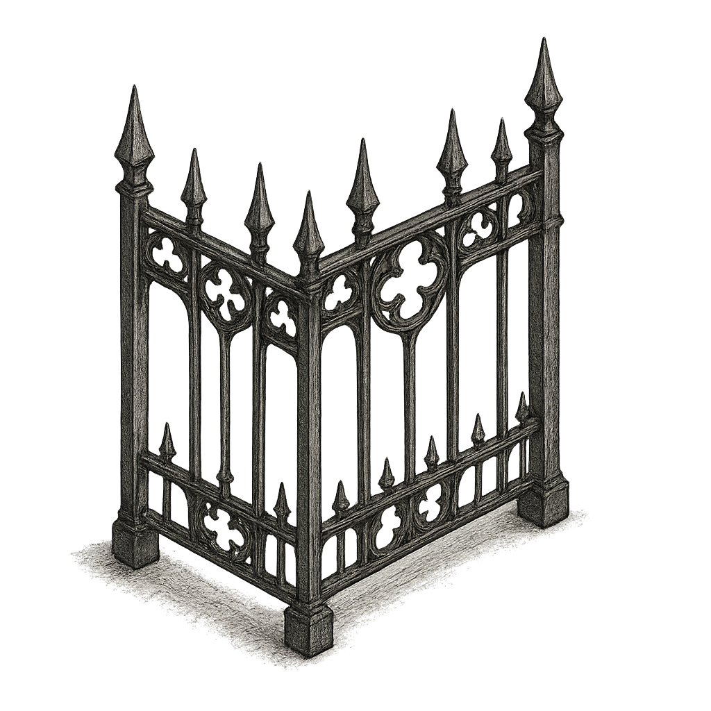 gothic style, old metal fence, drawn style, transparent background, isometric view