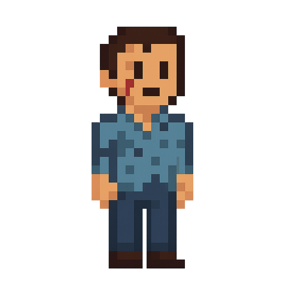 UNA PERSONA con camisa azul desgastada y medio dañada y un pantalon azul oscuro y que tengo un pequeño arañazo en la cara PIXELART  de 500x500