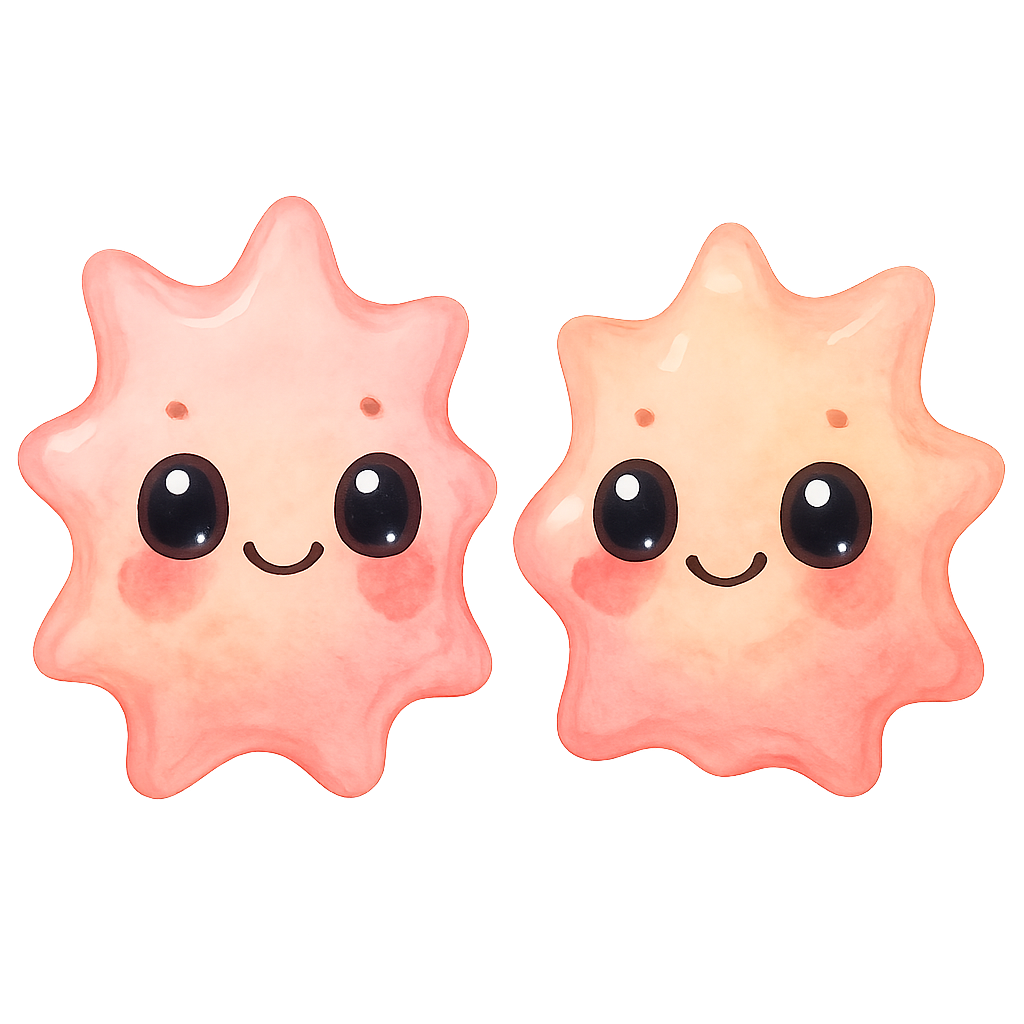 rich vibrant watercolor illustration, kawaii microbiology characters, full bodies clearly visible with extra space around them, centered composition, framed so characters occupy no more than 70% of canvas height, two cute platelet buddies shaped like soft irregular cell fragments with gentle rounded star-like edges, slightly squishy gelatin-like texture, soft pastel hematology palette (main colors warm petal pink and soft peach with gentle coral accent only), large glossy oval eyes, deep rich black pupils that are perfectly smooth, solid, and uniform (no watercolor texture, no noise, no grain), glassy finish with two clean reflective highlights in pale blue and pale pink (not white so they remain visible on transparent PNG), tiny dot eyebrows, small simple happy smiling mouths, subtle rosy cheek tint, soft diffuse watercolor shading, smooth clean outer silhouettes, crisp transparent cutout edges, no outer shading, no glow, no vignette, no background wash, no text, no border, transparent background