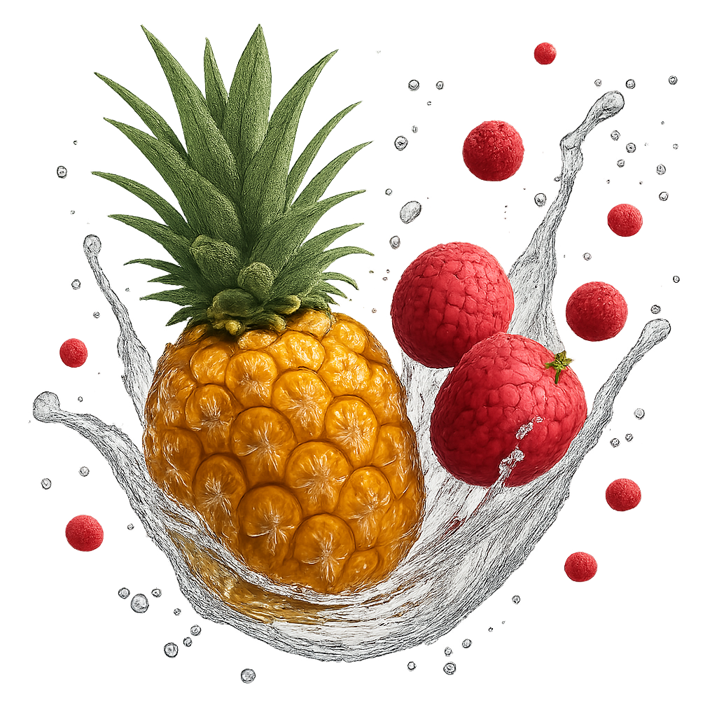 gnerate 3 png file images of splash fruits of pineapple and lychee, mango and passion, strawberry and raspberry....... use the 2 fruits together and make more splash with tiny fruits everywhere