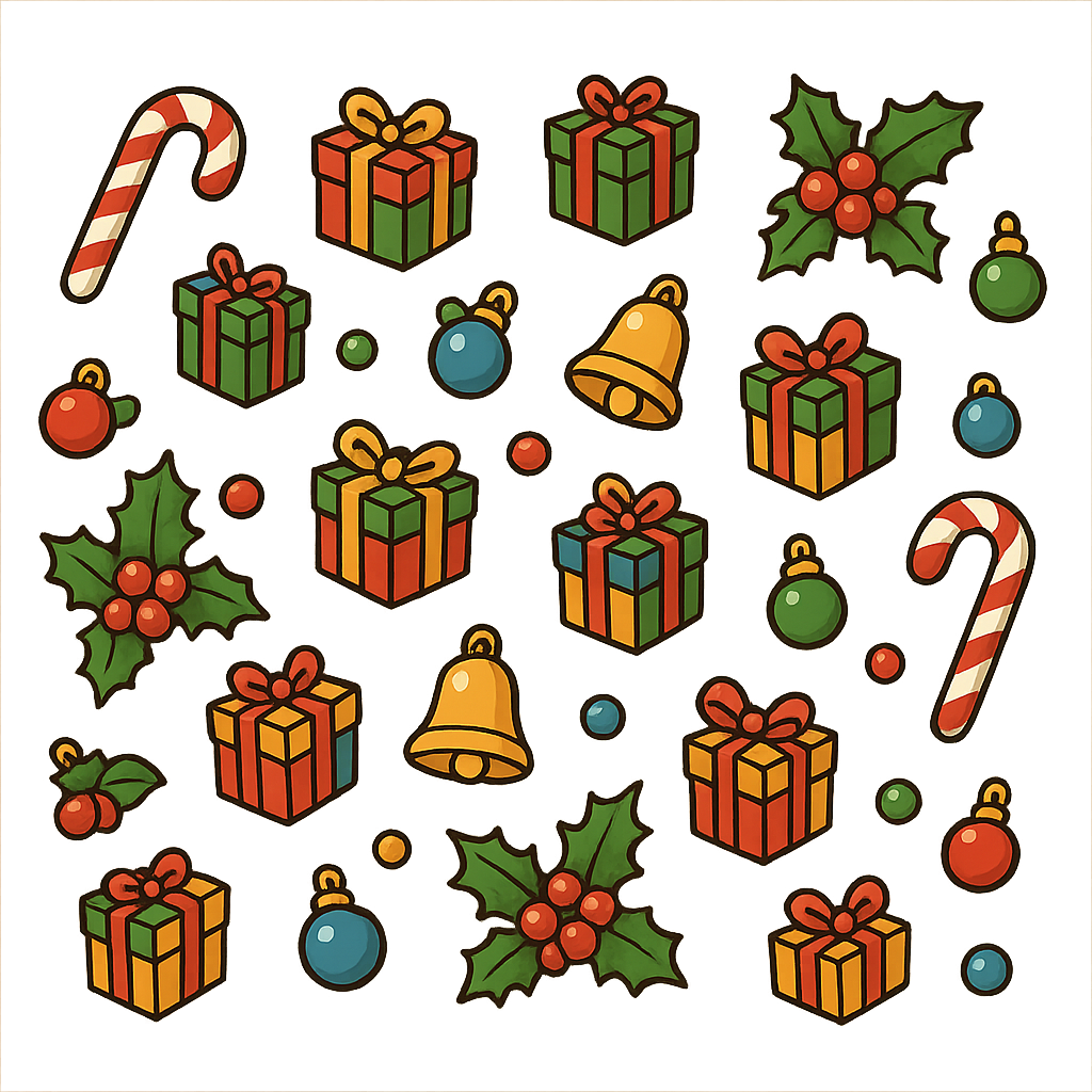 Mini Christmas decorations: candy canes, tiny gift boxes, holly berries, bells, colorful, small and scattered, festive style, vector illustration, transparent background, suitable for overlay on designs