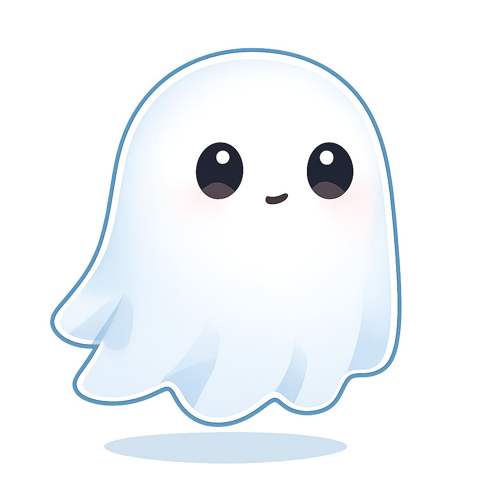 A cute cartoon ghost character with a neutral/closed mouth, transparent background, PNG