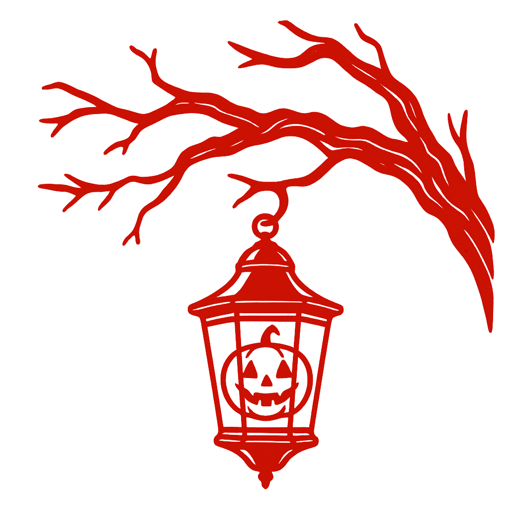 a red outline of a creepy looking halloween lantern hanging from a spooky looking branch from the side
