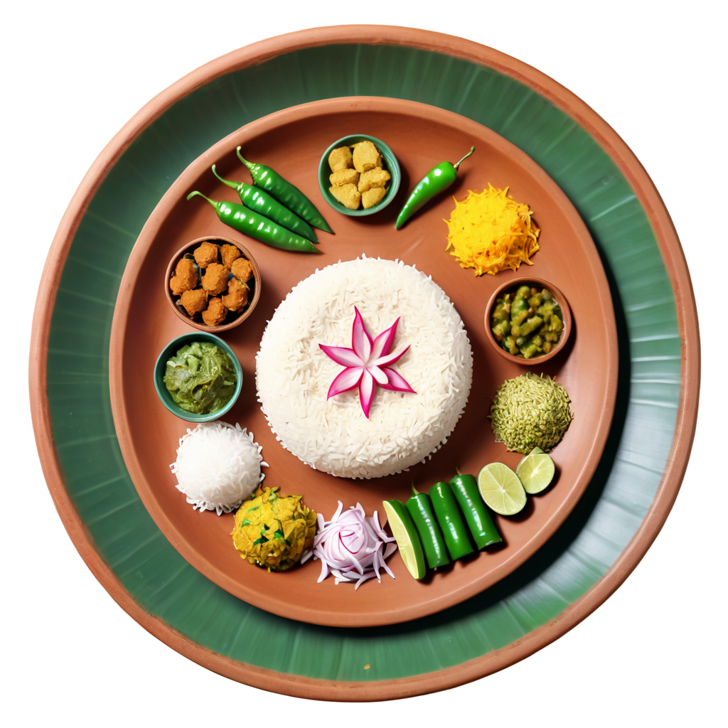 A photorealistic, highly detailed, a traditional terracotta clay plate, top-down view. The plate is generously filled with authentic Bengali New Year (Pahela Boishakh) food. The centerpiece is Panta Bhat, fermented rice, glistening and moist, with a few whole green chilies and a slice of red onion on top. To the side, there is a fried Ilish Mach (Hilsa fish) piece, golden brown and crispy, with detailed scales and fins visible. The plate is also filled with an assortment of traditional Bengali sweets like multiple pieces of sandesh, roshogolla, and chomchom in different colors and shapes, all slightly glistening. The plate should have traditional Bengali terracotta patterns etched along the rim, showing wear and tear. The image should have soft, natural lighting highlighting the textures of the food and plate, creating a warm and inviting atmosphere. No other elements should be present, only the food-filled plate. detailed, highly sharp, clear, clean line, artistic, eye catching, very attractive, 128k extremely realistic,  uhd.