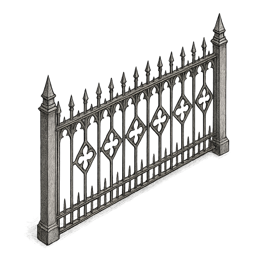 gothic style, straight old metal fence, drawn style, transparent background, isometric view