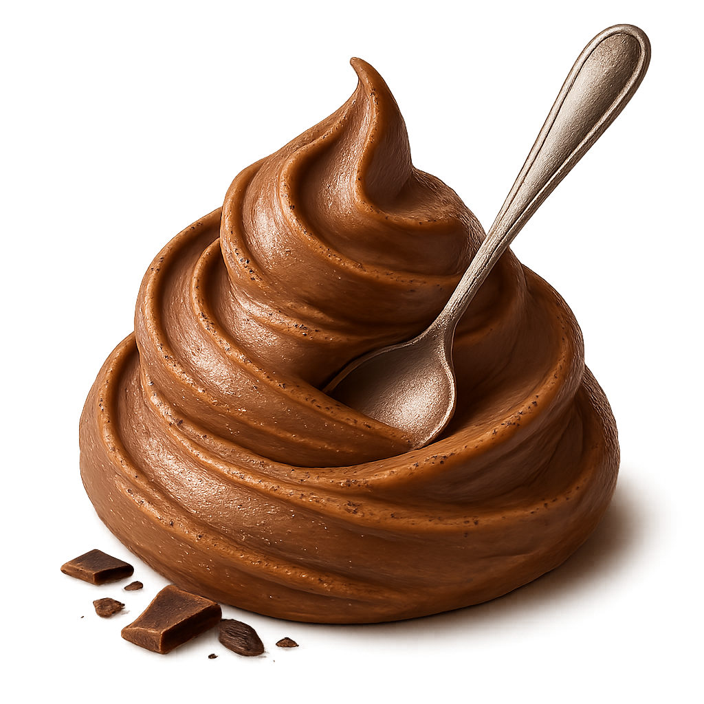 A realistic, appetizing **natural swirl** of chocolate peanut butter, rich cocoa-brown with warm nutty undertones. The swirl should look hand-scooped and organic — softly curved with gentle peaks and natural uneven texture lines, not too perfect or machine-smooth. A shiny metallic spoon rests lightly in the swirl as if just used. Add a few **small chocolate pieces or delicate chocolate shavings** around the base of the swirl — elegant, minimal, not scattered. Soft warm studio lighting enhances the creamy, velvety gloss and depth. Include a subtle soft shadow underneath to make the swirl and spoon appear resting on the label surface. **Transparent PNG**, no background, no bowl, no table. Centered composition, photorealistic, premium artisan food photography style.