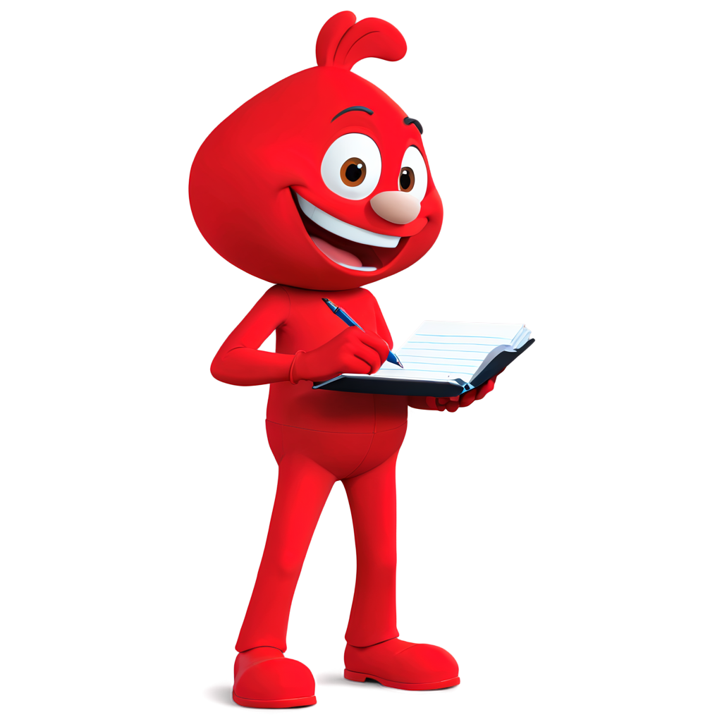 a red cartoon  character  writeing  in  a notebook
