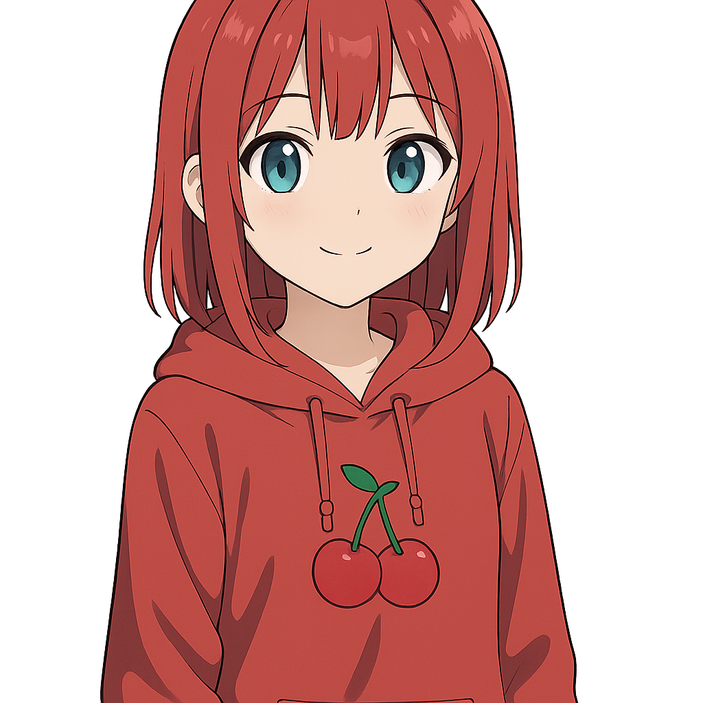 a 2D digital anime-style illustration of a young Japanese girl with medium-length straight red hair, greenish-blue eyes, wearing a red hoodie with a cherry symbol in the center, neutral lighting, clean line art, proportional head and body, cute expression, high detail, soft shadows, vibrant colors, transparent background