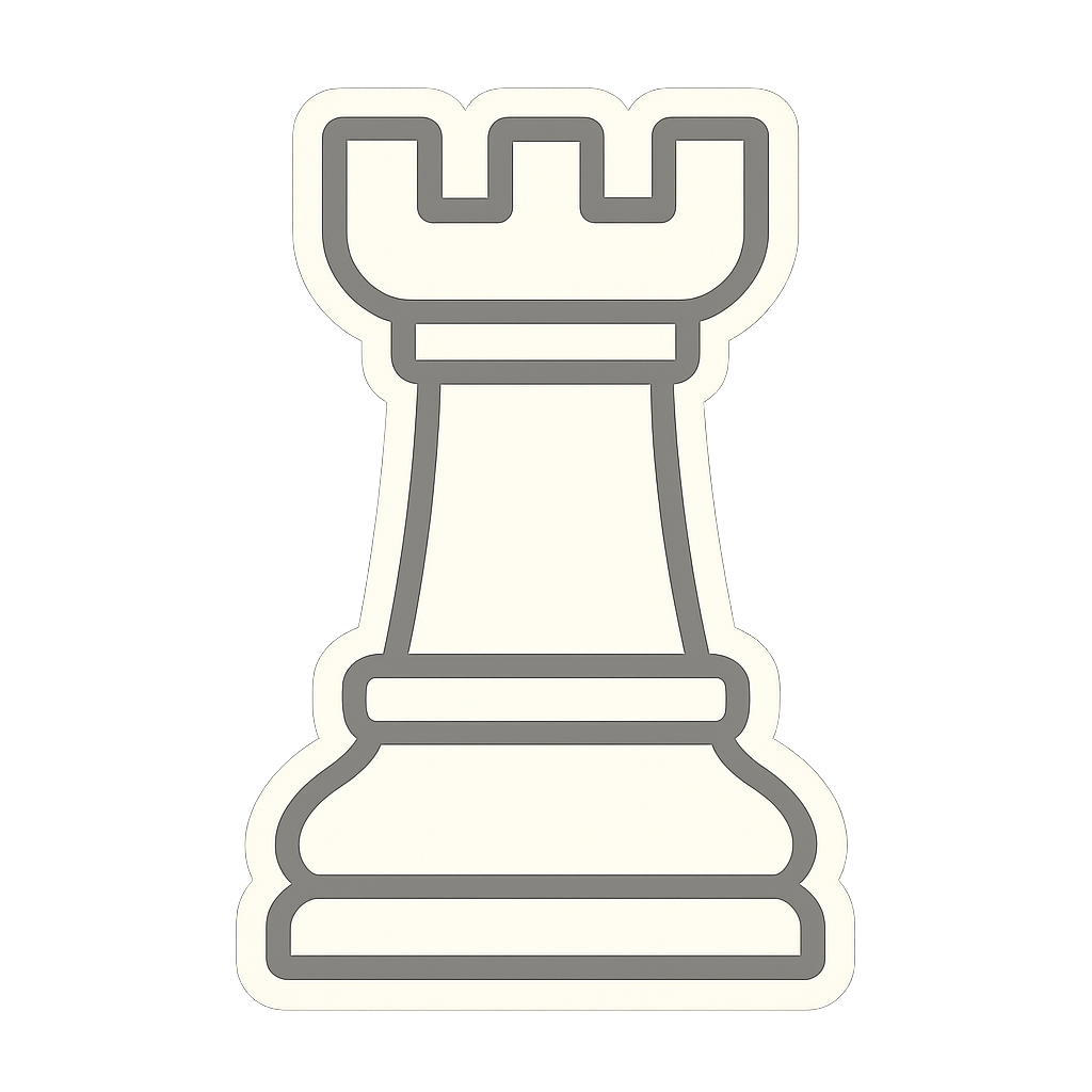 A flat, two-dimensional vector icon of a chess ROOK piece, drawn in off-white color with no background. The design should be minimalistic, clean, and sticker-style, with smooth lines and no extra details.