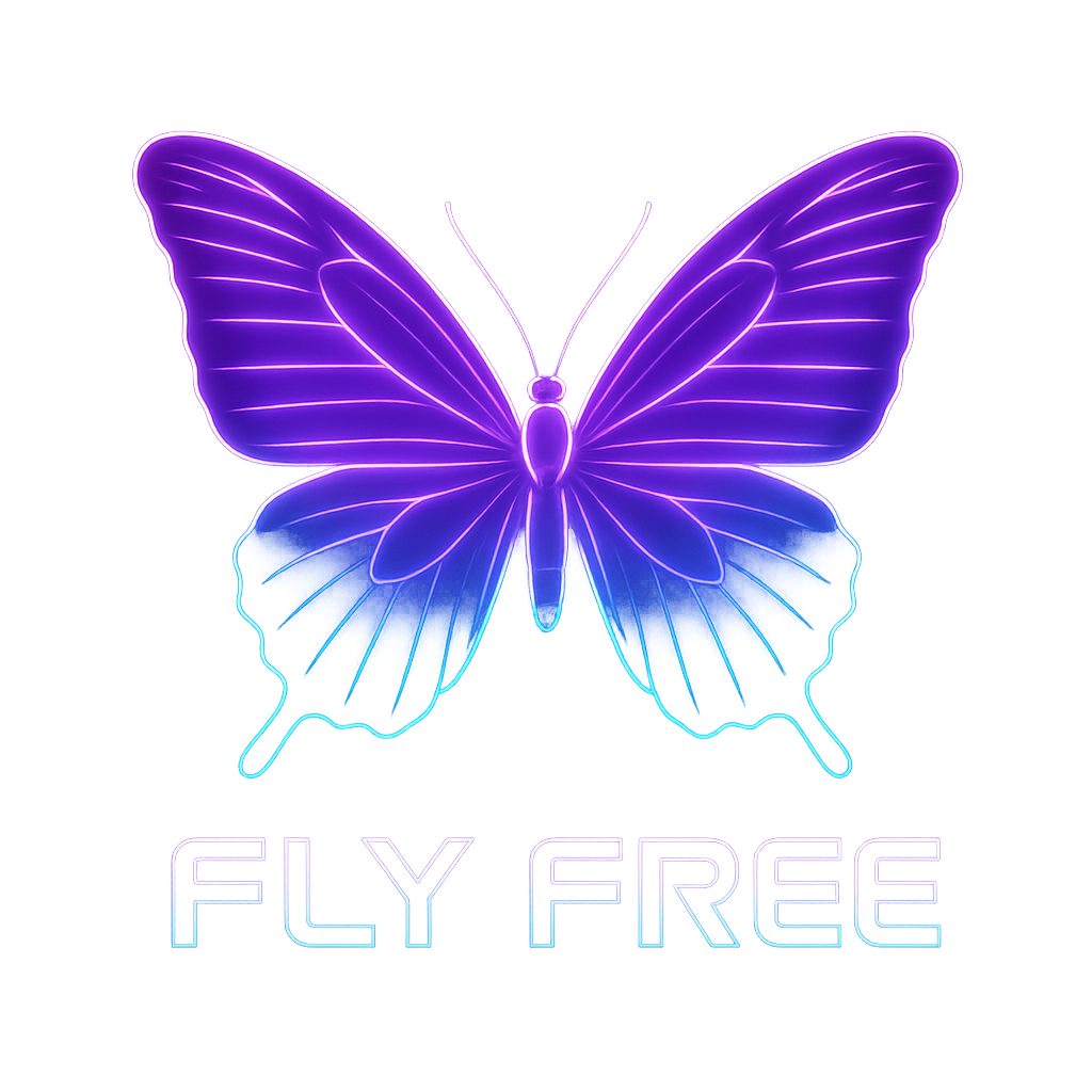 A glowing neon butterfly with vibrant purple and blue wings, cyberpunk glow style, with the bold text “FLY FREE” in modern futuristic font below it, transparent background, high resolution, perfect for print on demand